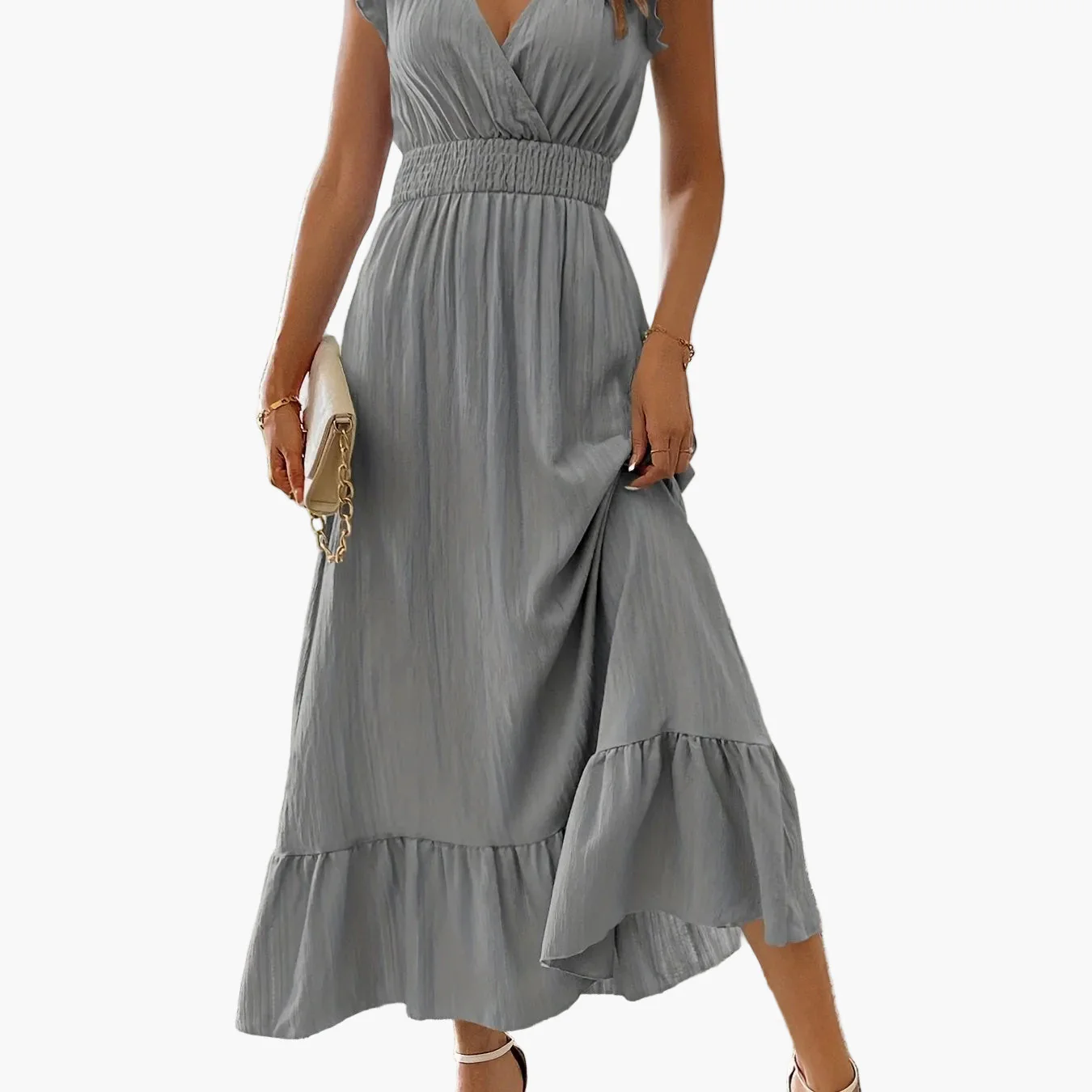 Robe longue élégante pour femme style vacances avec manches volantées et taille smockée - Image 18
