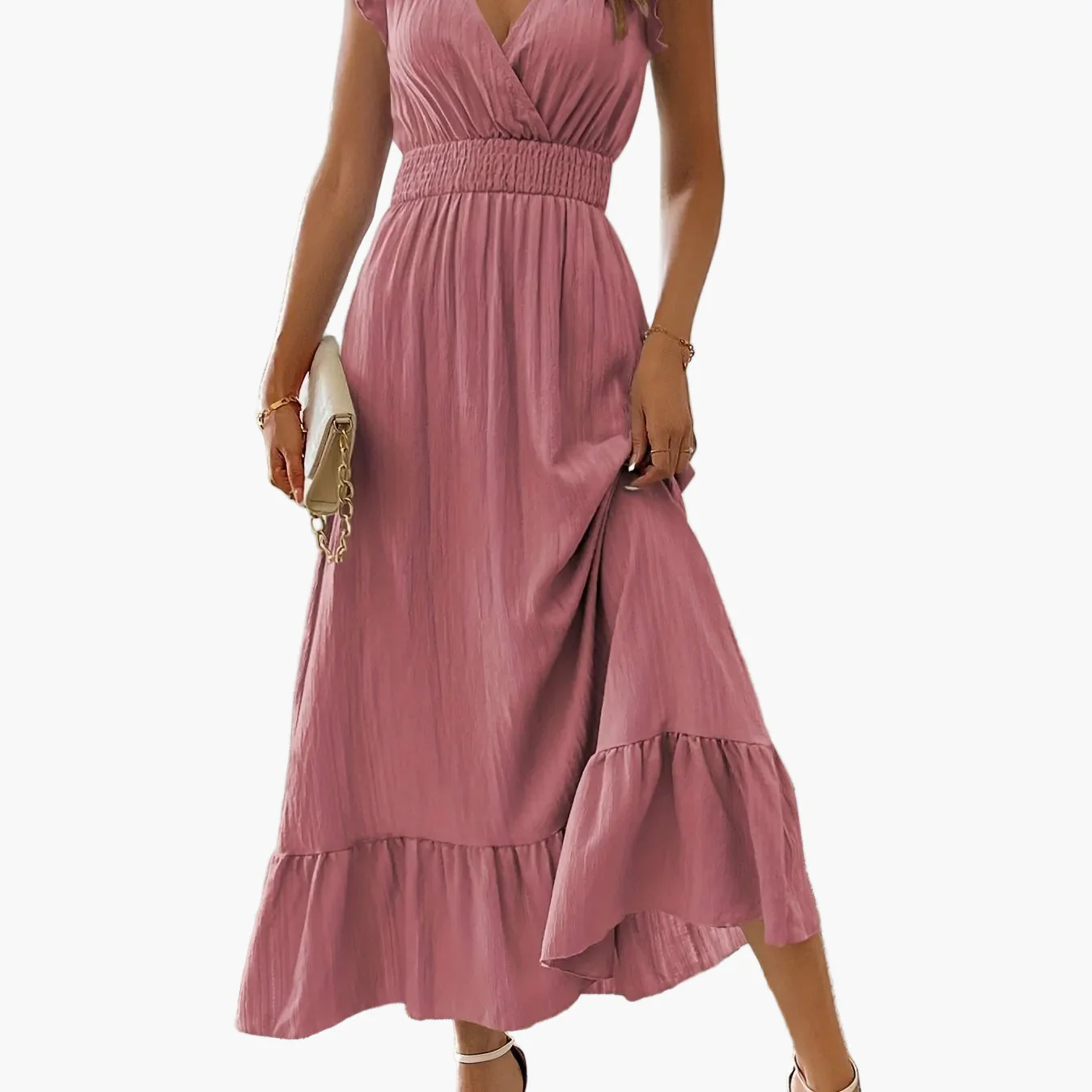 Robe longue élégante pour femme style vacances avec manches volantées et taille smockée - Image 19