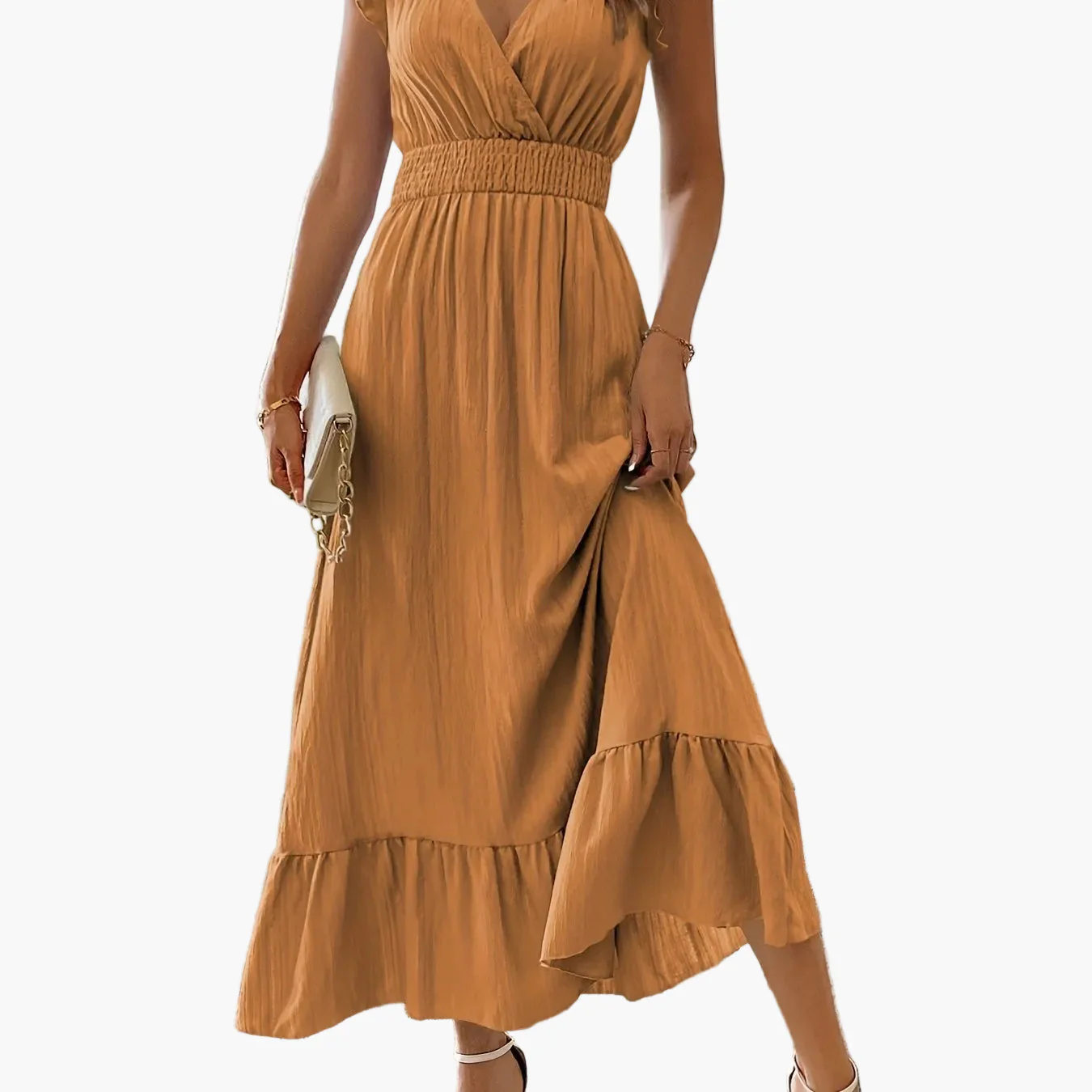 Robe longue élégante pour femme style vacances avec manches volantées et taille smockée - Image 20