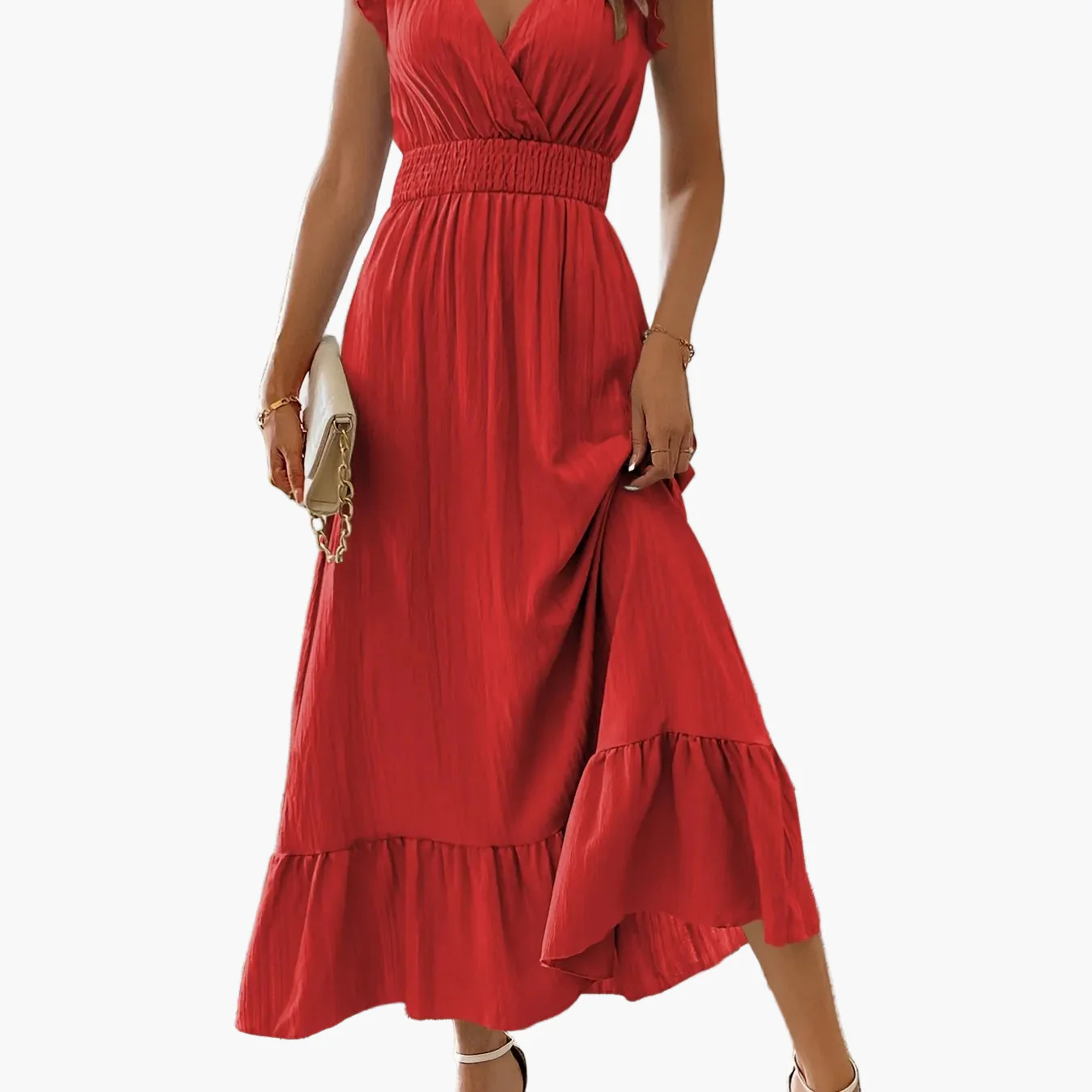 Robe longue élégante pour femme style vacances avec manches volantées et taille smockée - Image 21