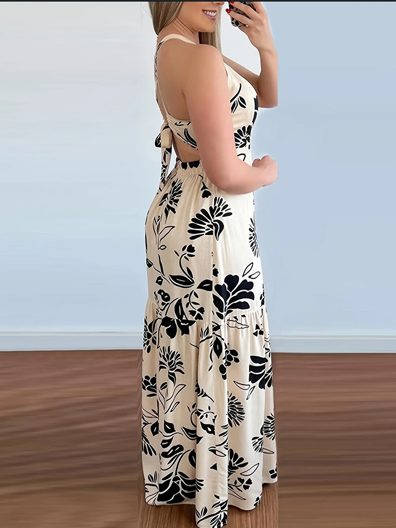 Robe longue élégante à imprimé floral pour femme, style plage, dos nu, fente, printemps/été - Image 2