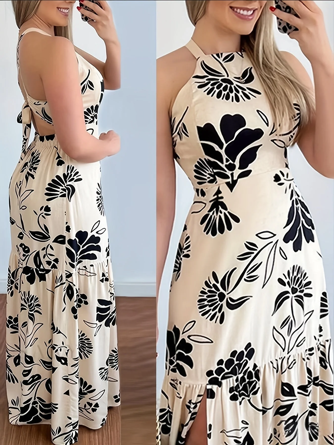 Robe longue élégante à imprimé floral pour femme, style plage, dos nu, fente, printemps/été - Image 3