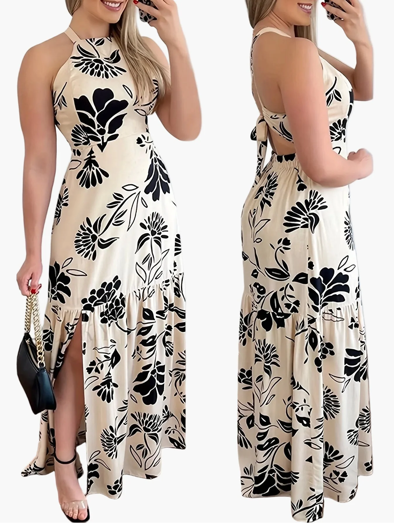 Robe longue élégante à imprimé floral pour femme, style plage, dos nu, fente, printemps/été - Image 5