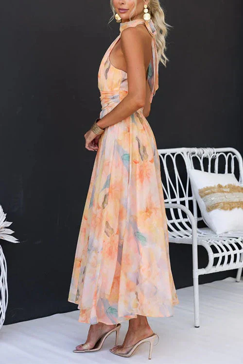 Robe longue d'été femme – style maxi élégant à imprimé artistique, col halter, idéale pour occasions spéciales - Image 5