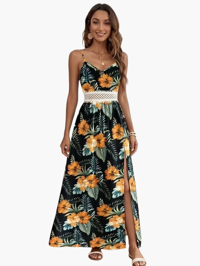 Robe longue fleurie à bretelles style vacances pour femme - Élégante et estivale - Image 11