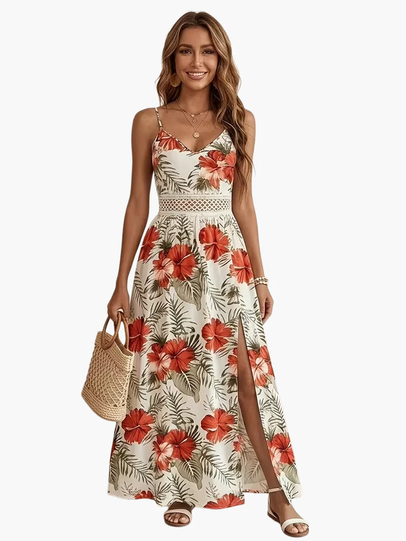 Robe longue fleurie à bretelles style vacances pour femme - Élégante et estivale - Image 9