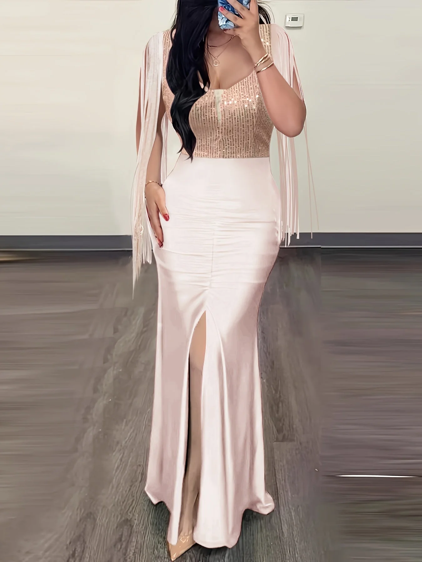 Robe longue moulante élégante à franges pour femme – soirée, cocktail, événement spécial - Image 2