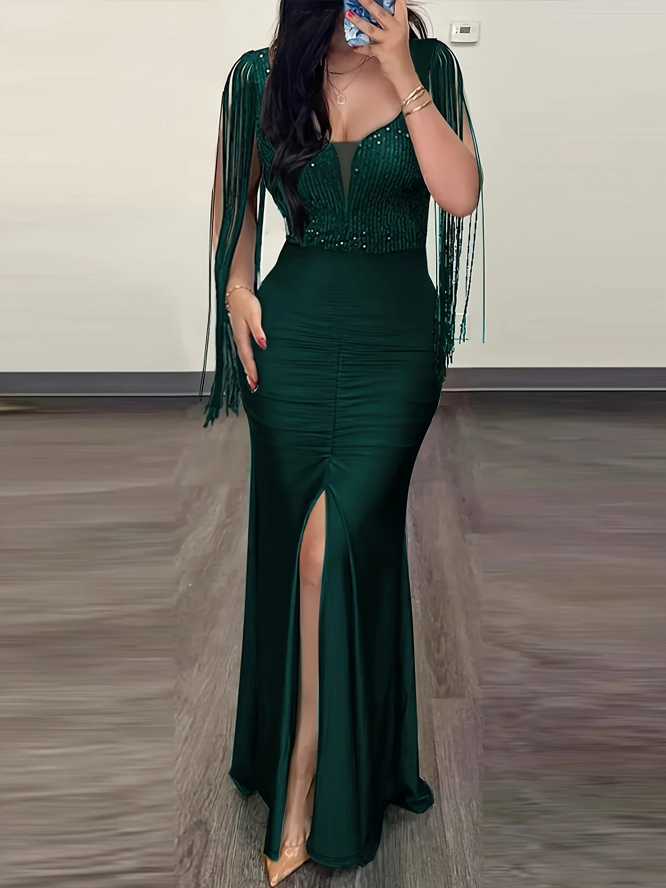 Robe longue moulante élégante à franges pour femme – soirée, cocktail, événement spécial - Image 3
