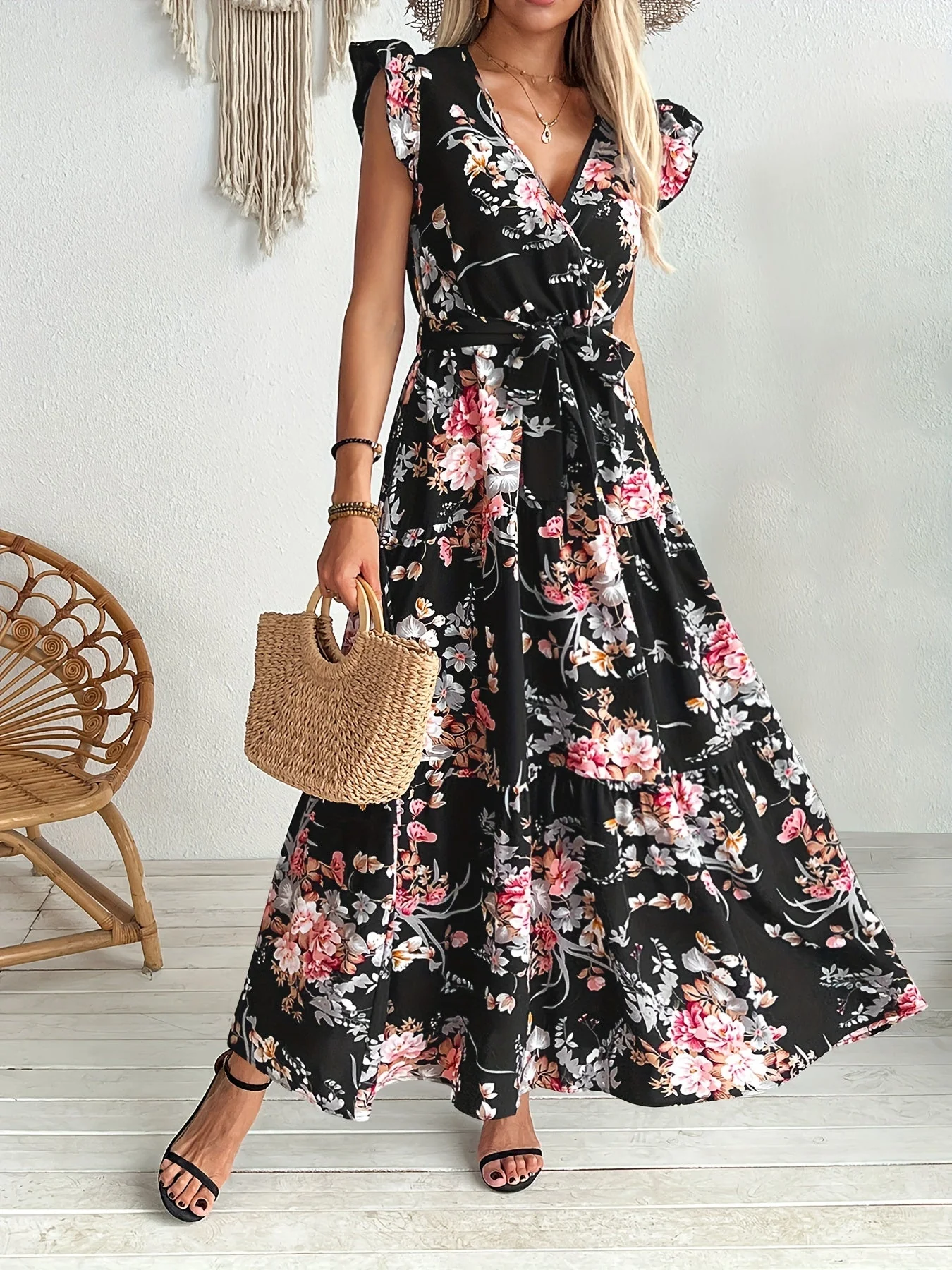 Robe longue portefeuille fleurie style vacances pour femme - Image 4