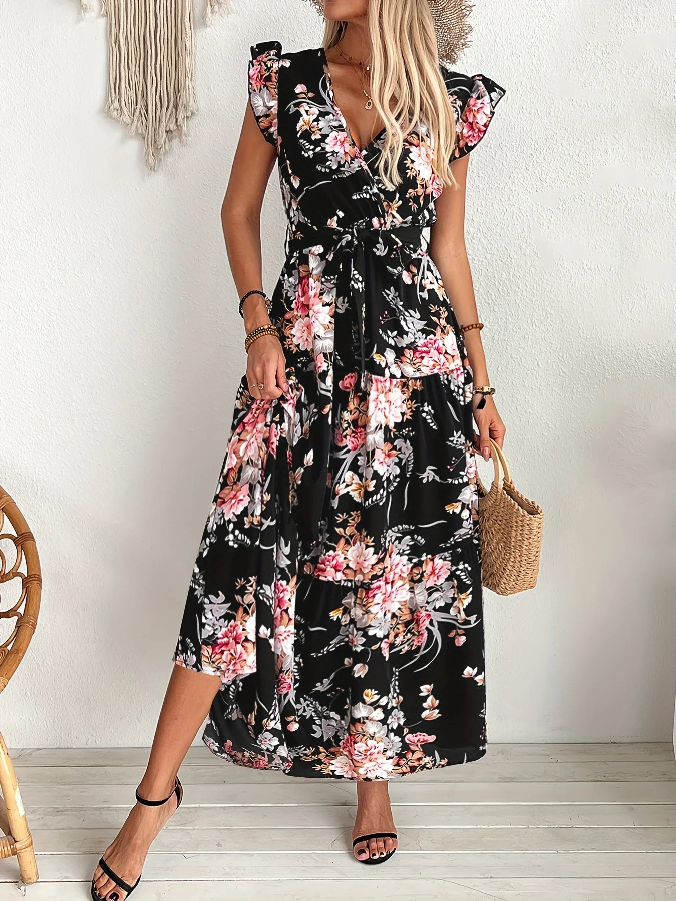 Robe longue portefeuille fleurie style vacances pour femme - Image 5
