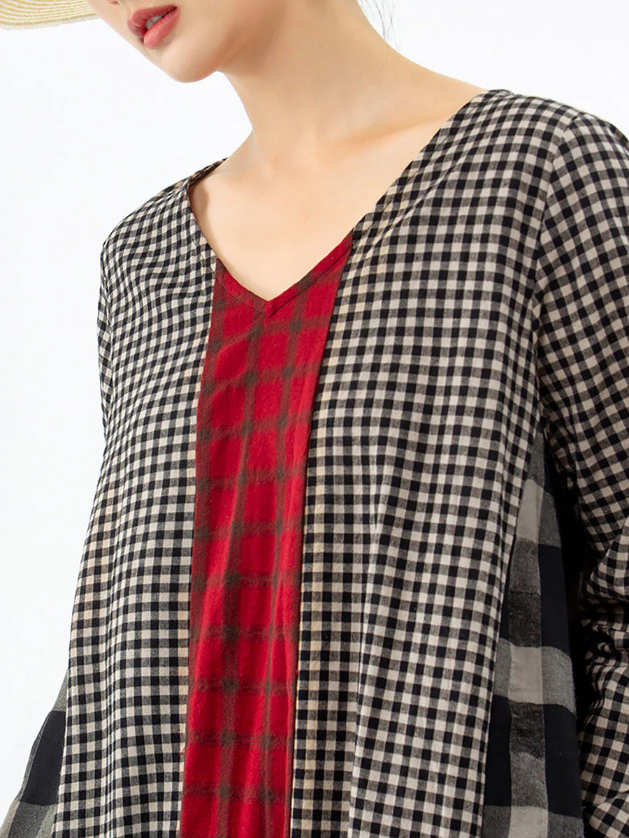 Robe longue rétro à carreaux pour femme, style ample et décontracté, col en V, manches longues, idéale pour un look bohème chic - Image 10