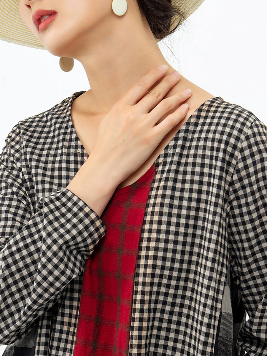 Robe longue rétro à carreaux pour femme, style ample et décontracté, col en V, manches longues, idéale pour un look bohème chic - Image 11