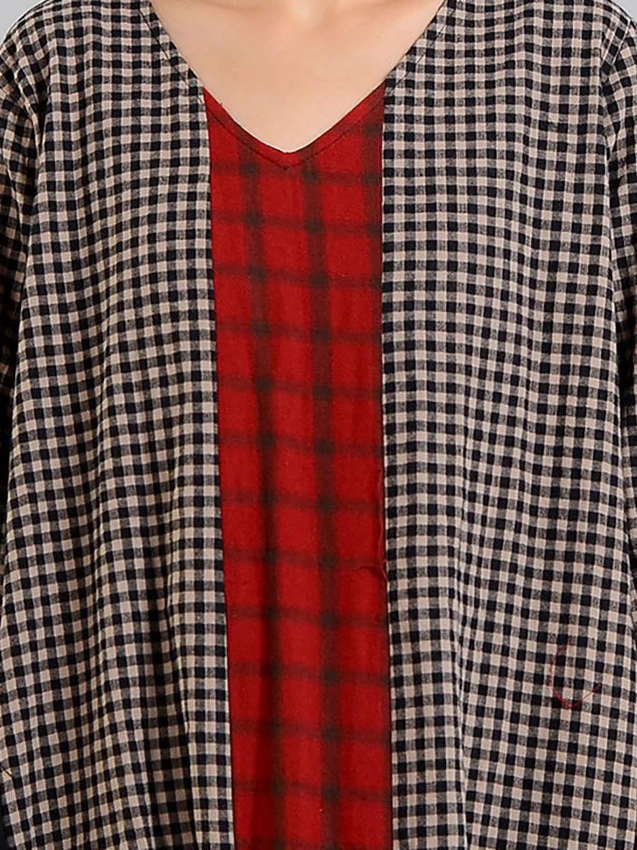 Robe longue rétro à carreaux pour femme, style ample et décontracté, col en V, manches longues, idéale pour un look bohème chic - Image 12
