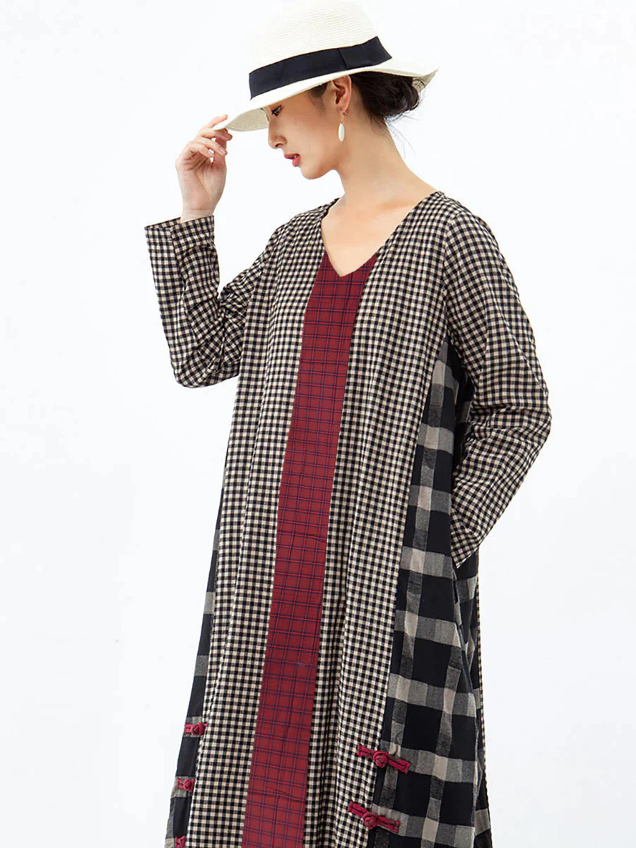 Robe longue rétro à carreaux pour femme, style ample et décontracté, col en V, manches longues, idéale pour un look bohème chic - Image 15