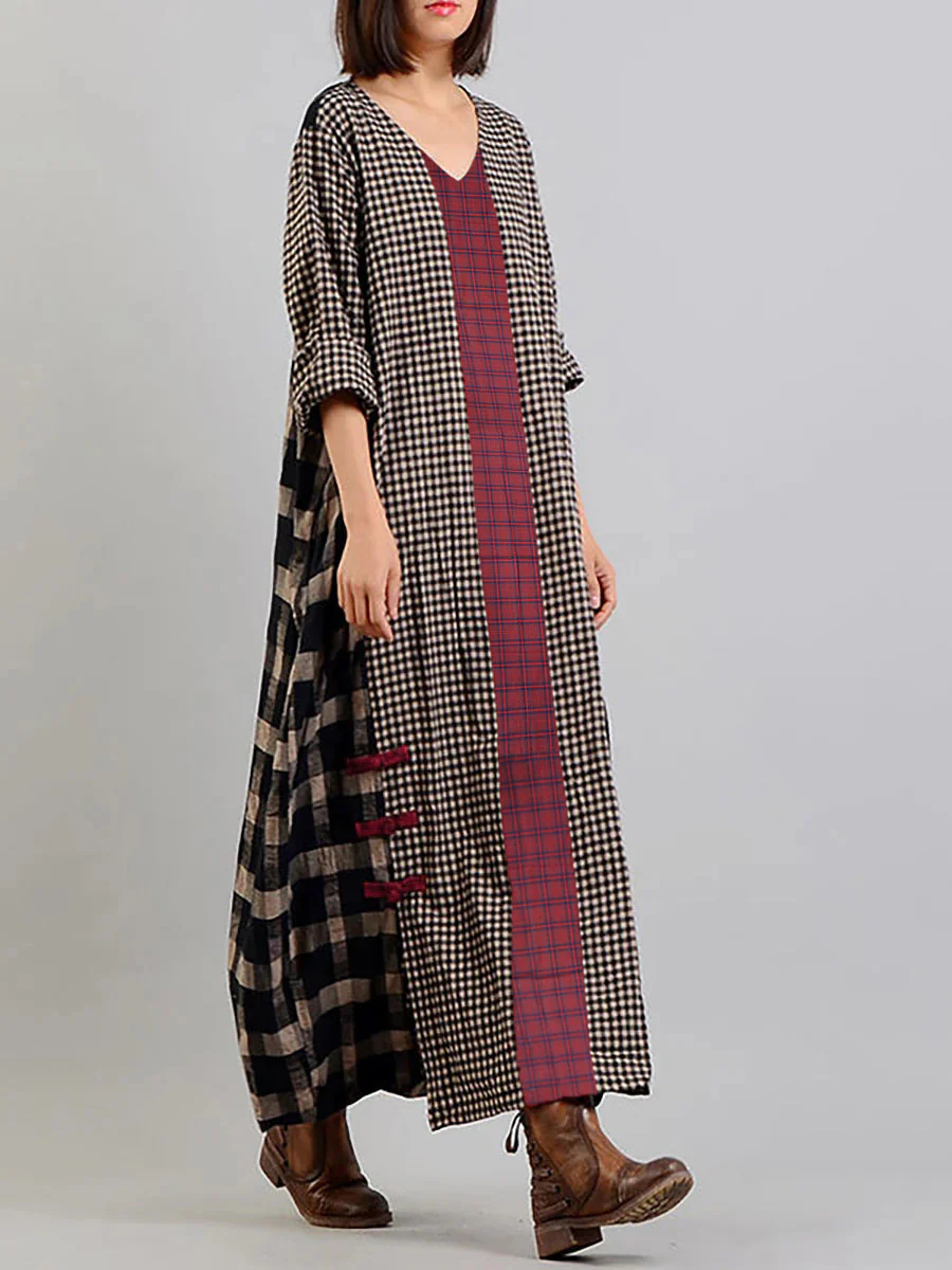 Robe longue rétro à carreaux pour femme, style ample et décontracté, col en V, manches longues, idéale pour un look bohème chic - Image 16