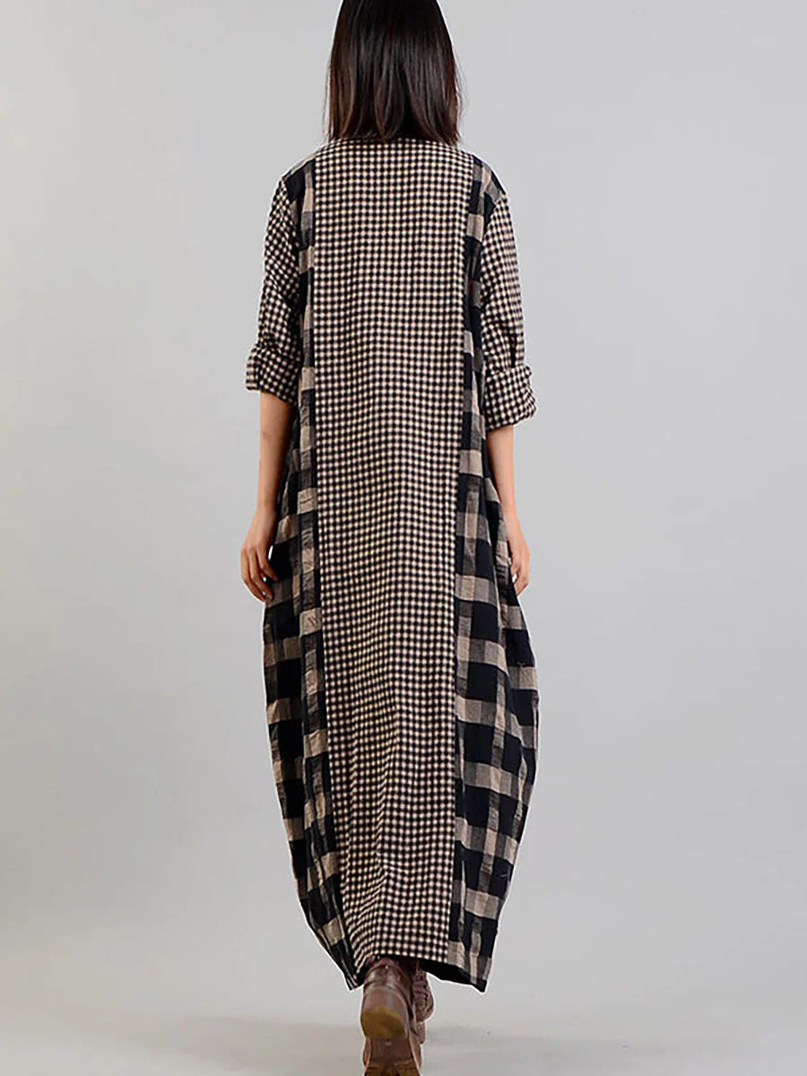 Robe longue rétro à carreaux pour femme, style ample et décontracté, col en V, manches longues, idéale pour un look bohème chic - Image 2