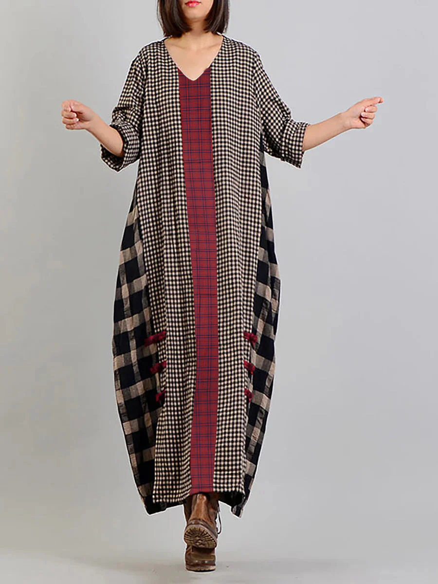Robe longue rétro à carreaux pour femme, style ample et décontracté, col en V, manches longues, idéale pour un look bohème chic - Image 3