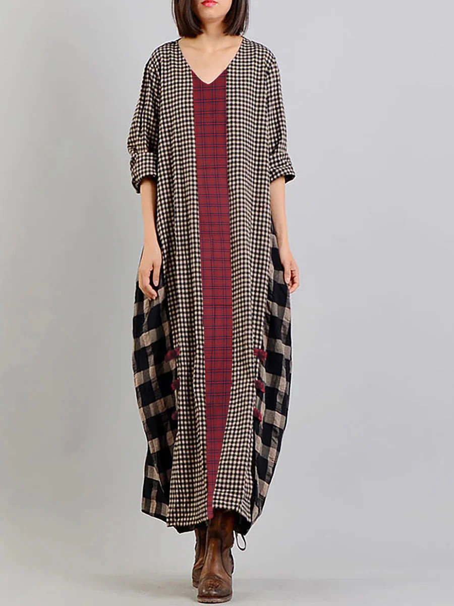 Robe longue rétro à carreaux pour femme, style ample et décontracté, col en V, manches longues, idéale pour un look bohème chic - Image 4