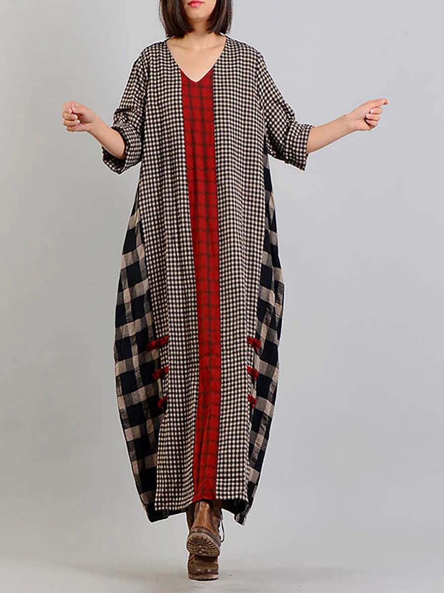 Robe longue rétro à carreaux pour femme, style ample et décontracté, col en V, manches longues, idéale pour un look bohème chic - Image 5