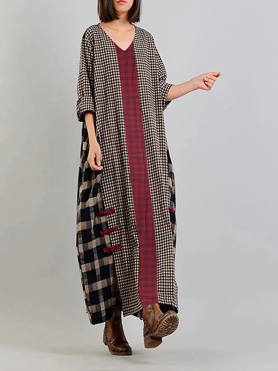 Robe longue rétro à carreaux pour femme, style ample et décontracté, col en V, manches longues, idéale pour un look bohème chic - Image 6