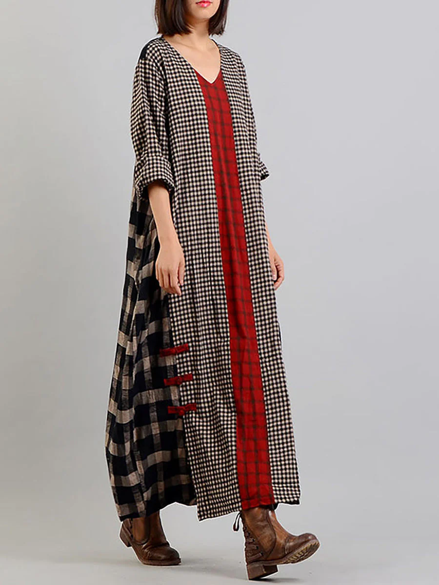 Robe longue rétro à carreaux pour femme, style ample et décontracté, col en V, manches longues, idéale pour un look bohème chic - Image 7