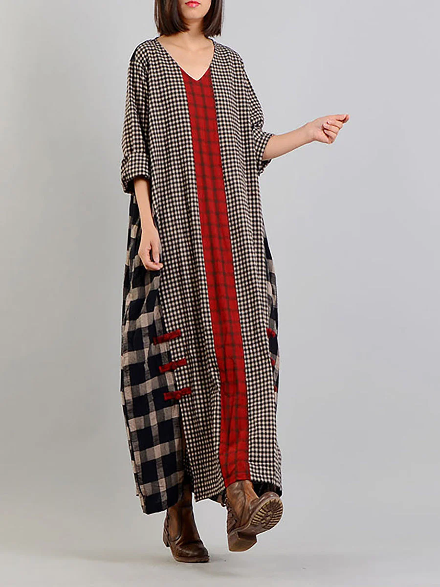 Robe longue rétro à carreaux pour femme, style ample et décontracté, col en V, manches longues, idéale pour un look bohème chic - Image 8