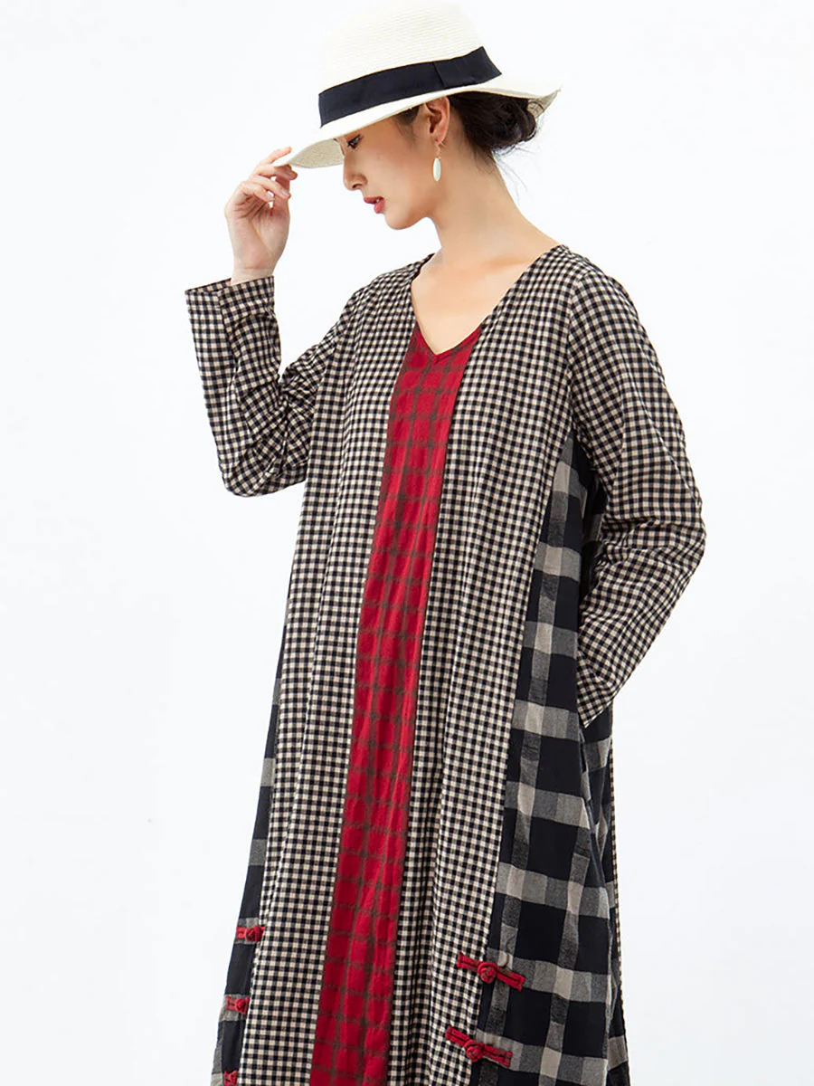 Robe longue rétro à carreaux pour femme, style ample et décontracté, col en V, manches longues, idéale pour un look bohème chic - Image 9