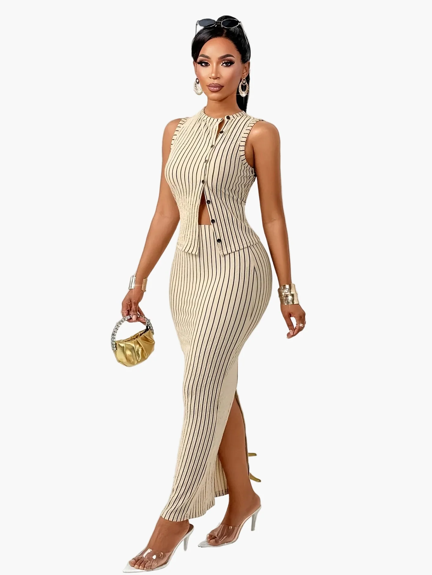 Robe longue sans manches à rayures élégantes pour femme, style chic de soirée ou bureau - Image 5