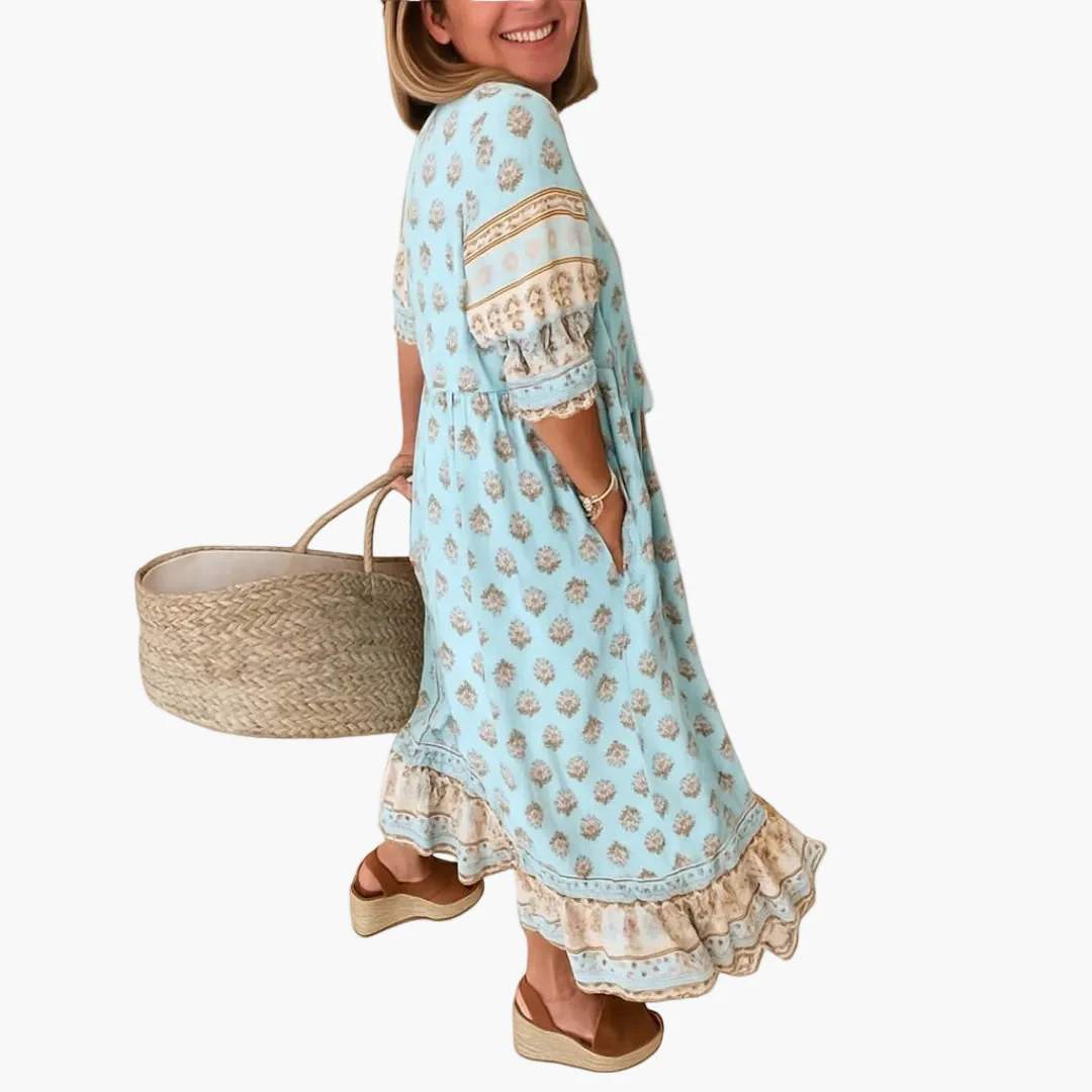 Robe mi-longue bohème pour femme, style décontracté avec imprimé et poches - Image 2