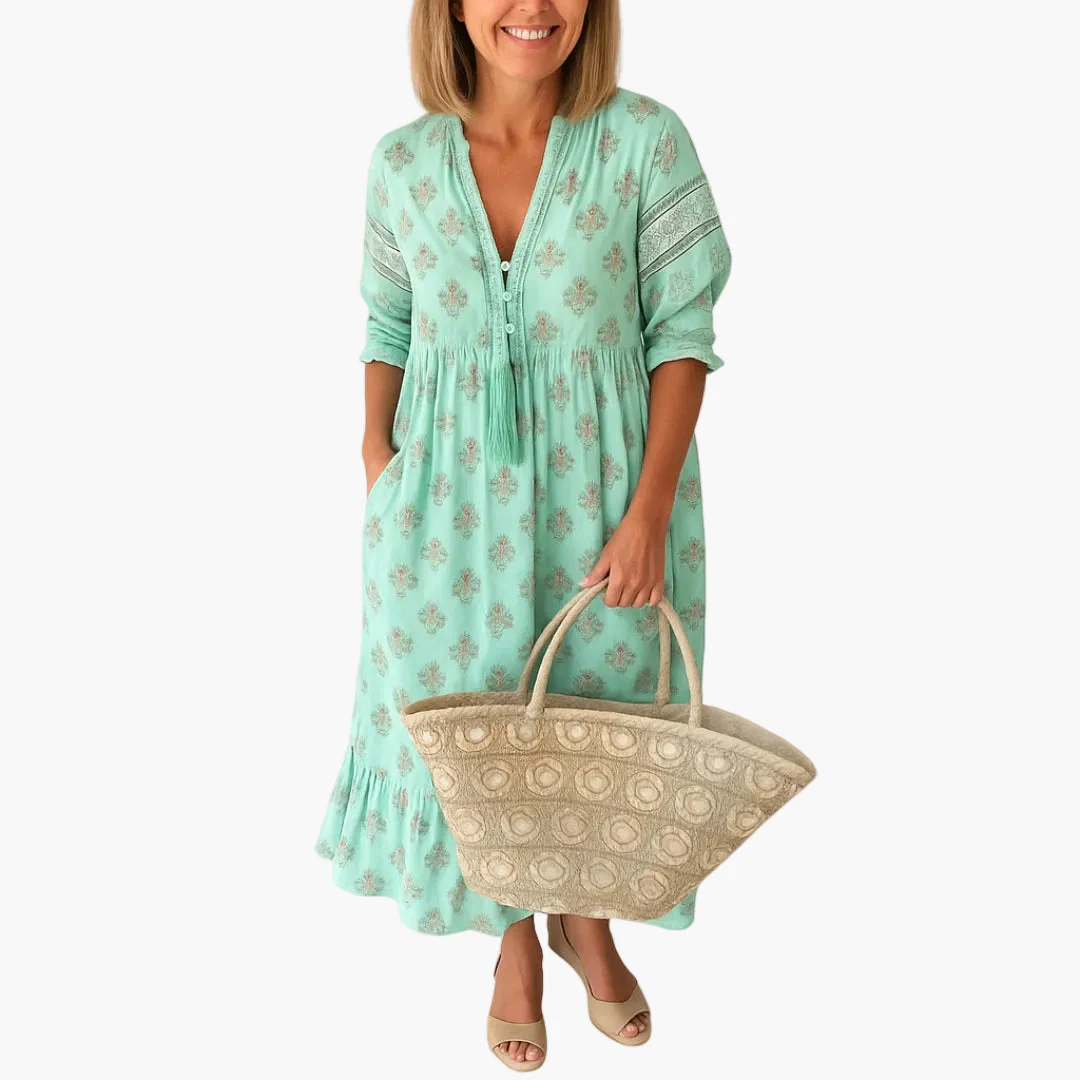 Robe mi-longue bohème pour femme, style décontracté avec imprimé et poches - Image 3