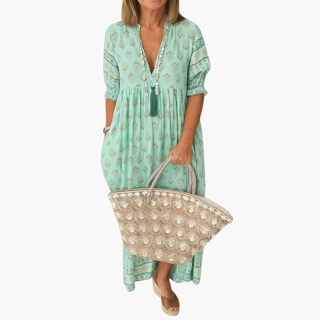 Robe mi-longue bohème pour femme, style décontracté avec imprimé et poches - Image 5