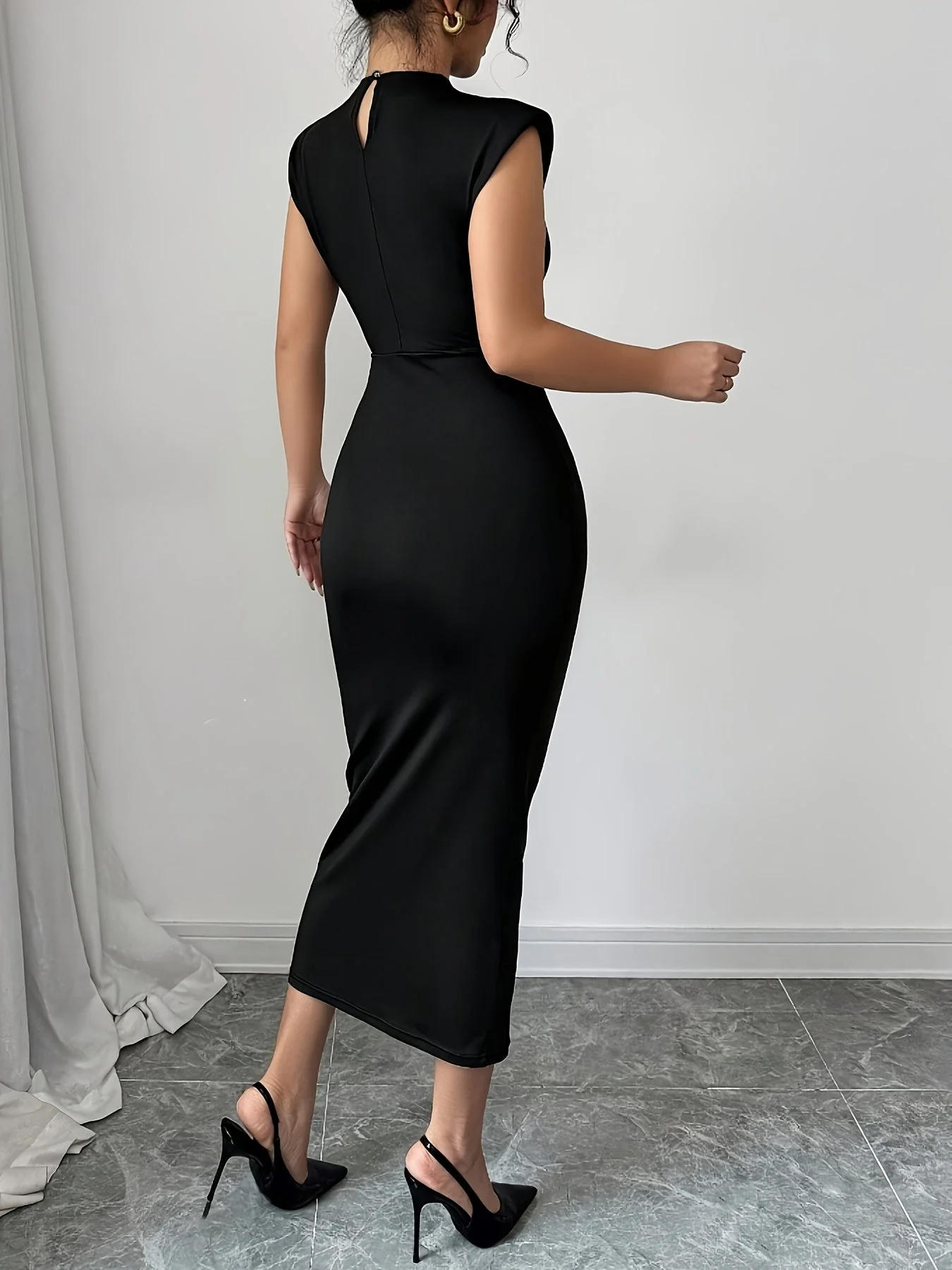 Robe mi-longue élégante femme style bodycon col montant soirée ou bureau - Image 3