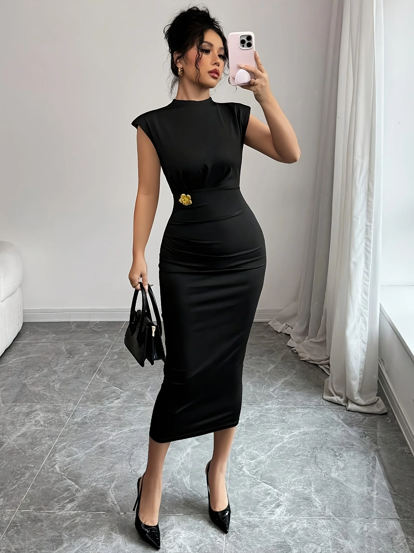 Robe mi-longue élégante femme style bodycon col montant soirée ou bureau - Image 5