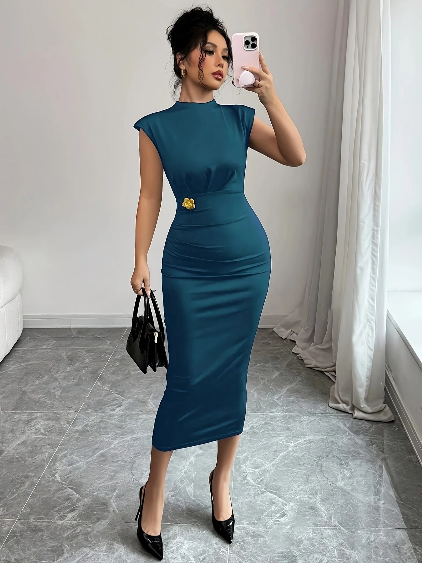 Robe mi-longue élégante femme style bodycon col montant soirée ou bureau - Image 6