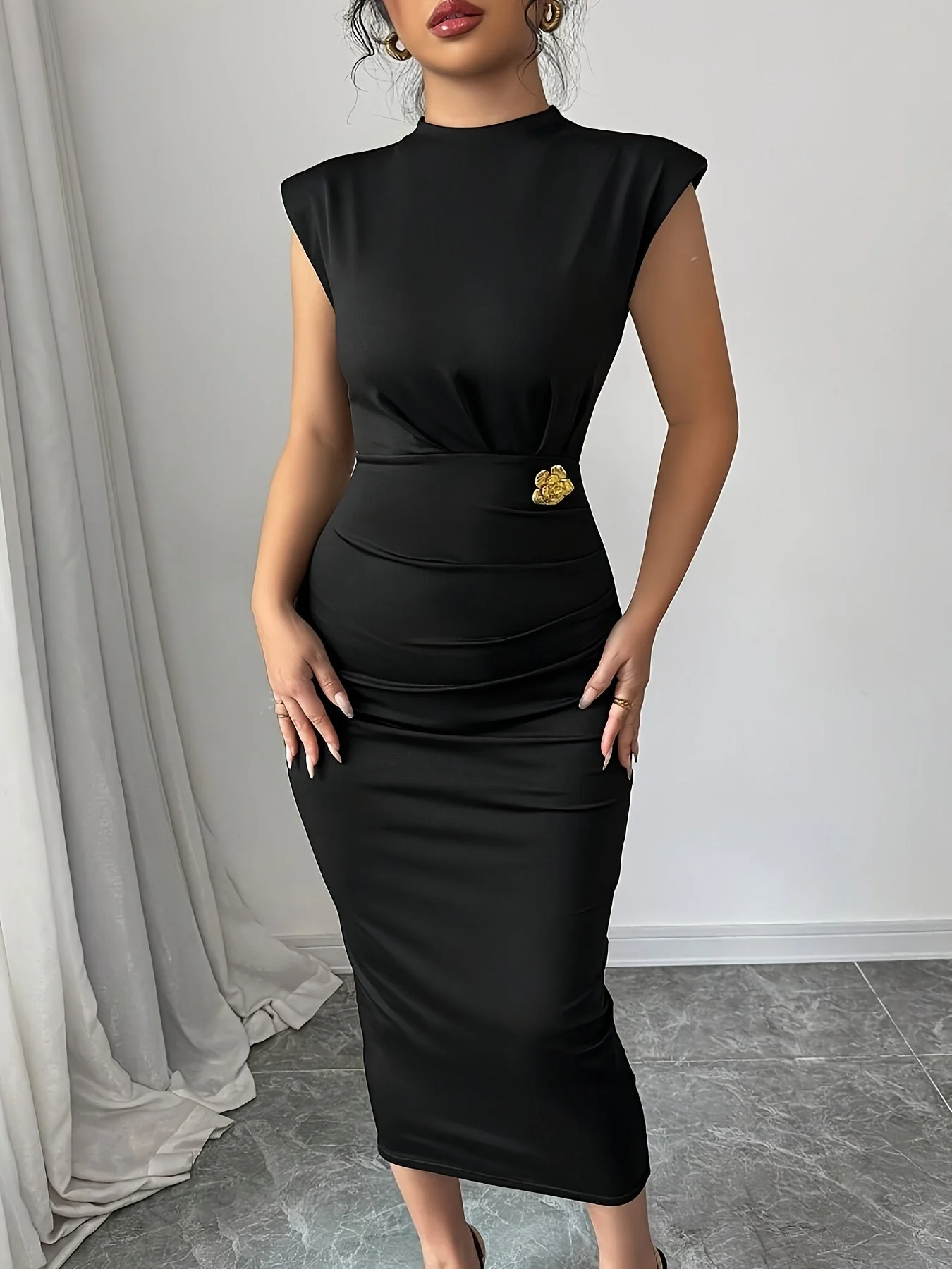 Robe mi-longue élégante femme style bodycon col montant soirée ou bureau - Image 8