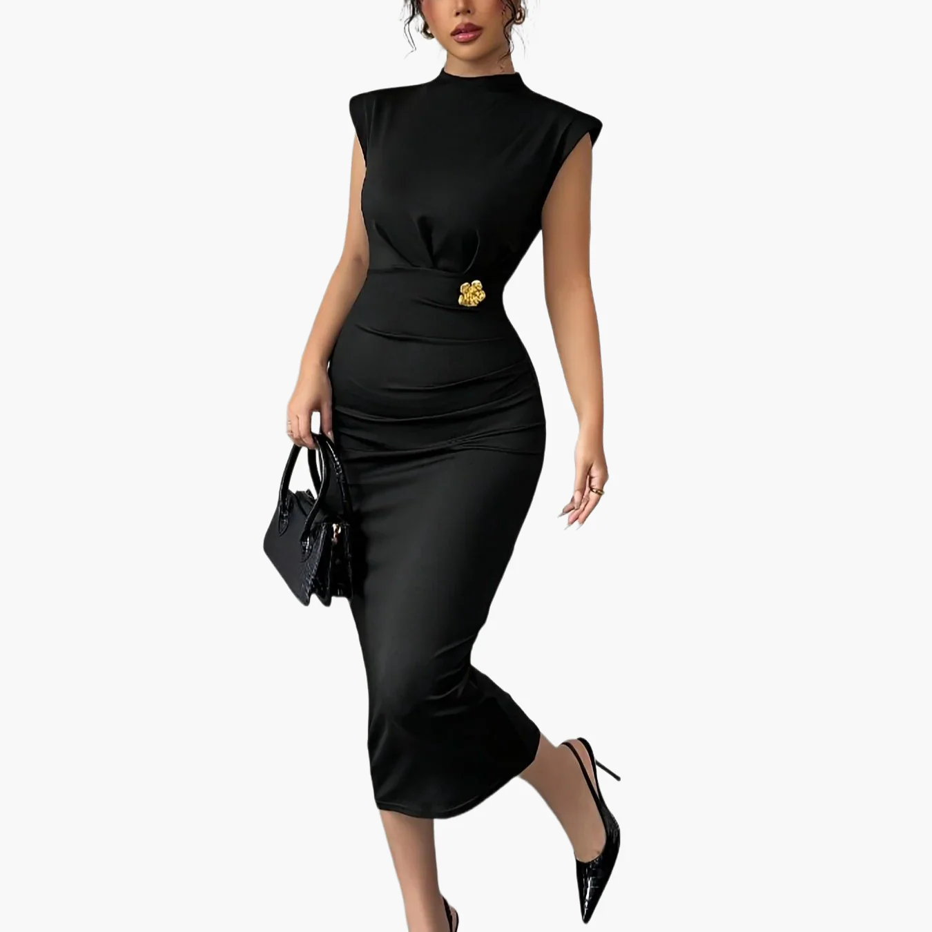Robe mi-longue élégante femme style bodycon col montant soirée ou bureau - Image 9