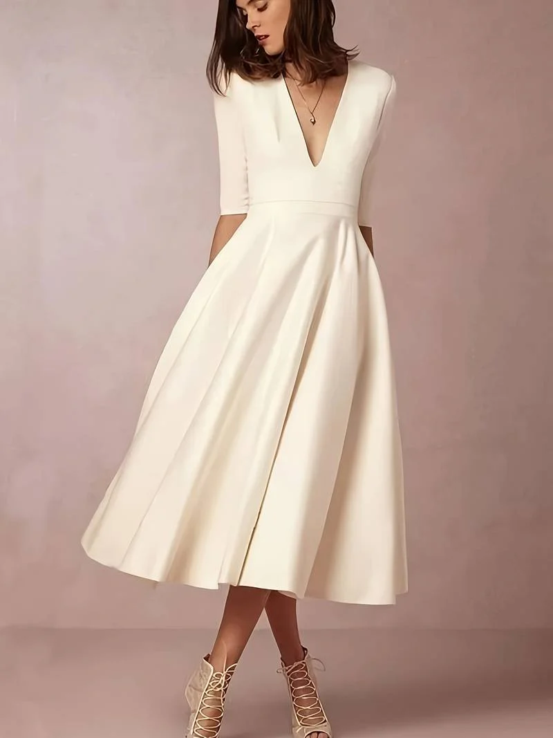 Robe midi élégante femme à col en V et manches 3/4 – Idéale pour les événements et réceptions - Image 2