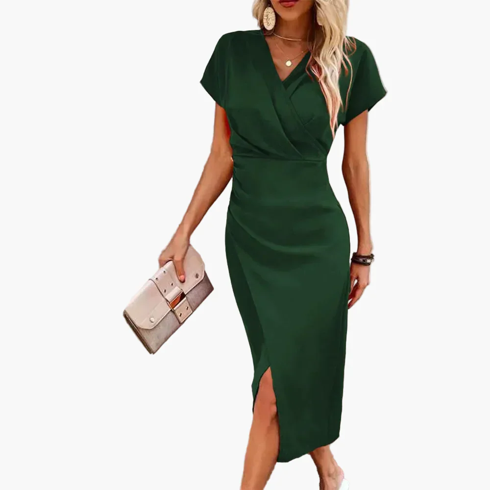 Robe Midi Élégante à Manches Courtes pour Femme Style Croisé Décontracté Idéale pour Soirée ou Bureau - Image 3