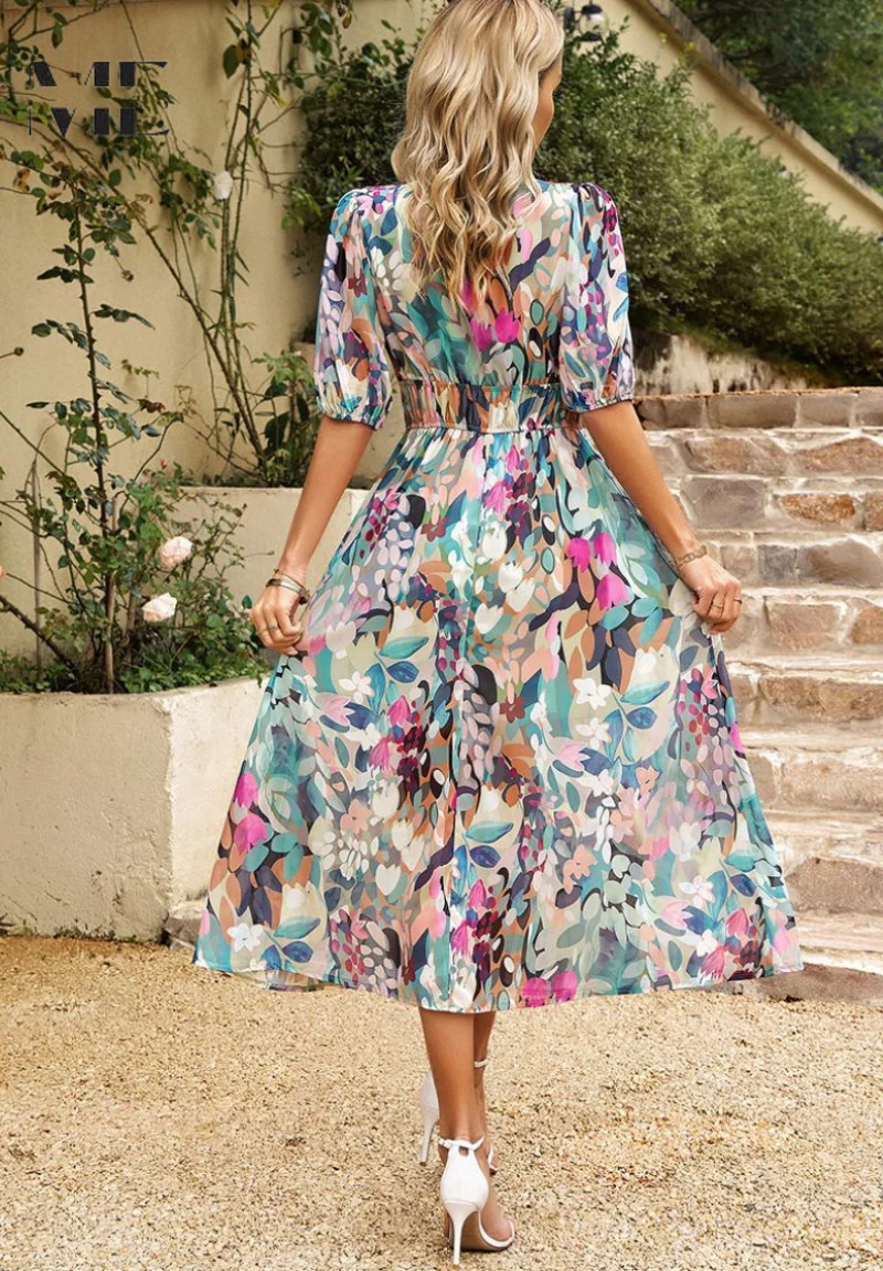 Robe midi fleurie élégante pour femme – Style bohème chic pour occasions et sorties décontractées - Image 2