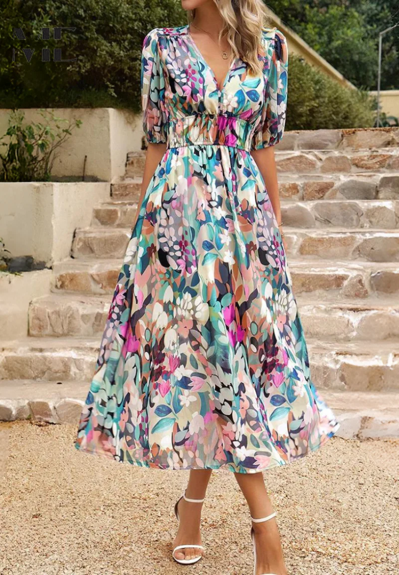 Robe midi fleurie élégante pour femme – Style bohème chic pour occasions et sorties décontractées - Image 3