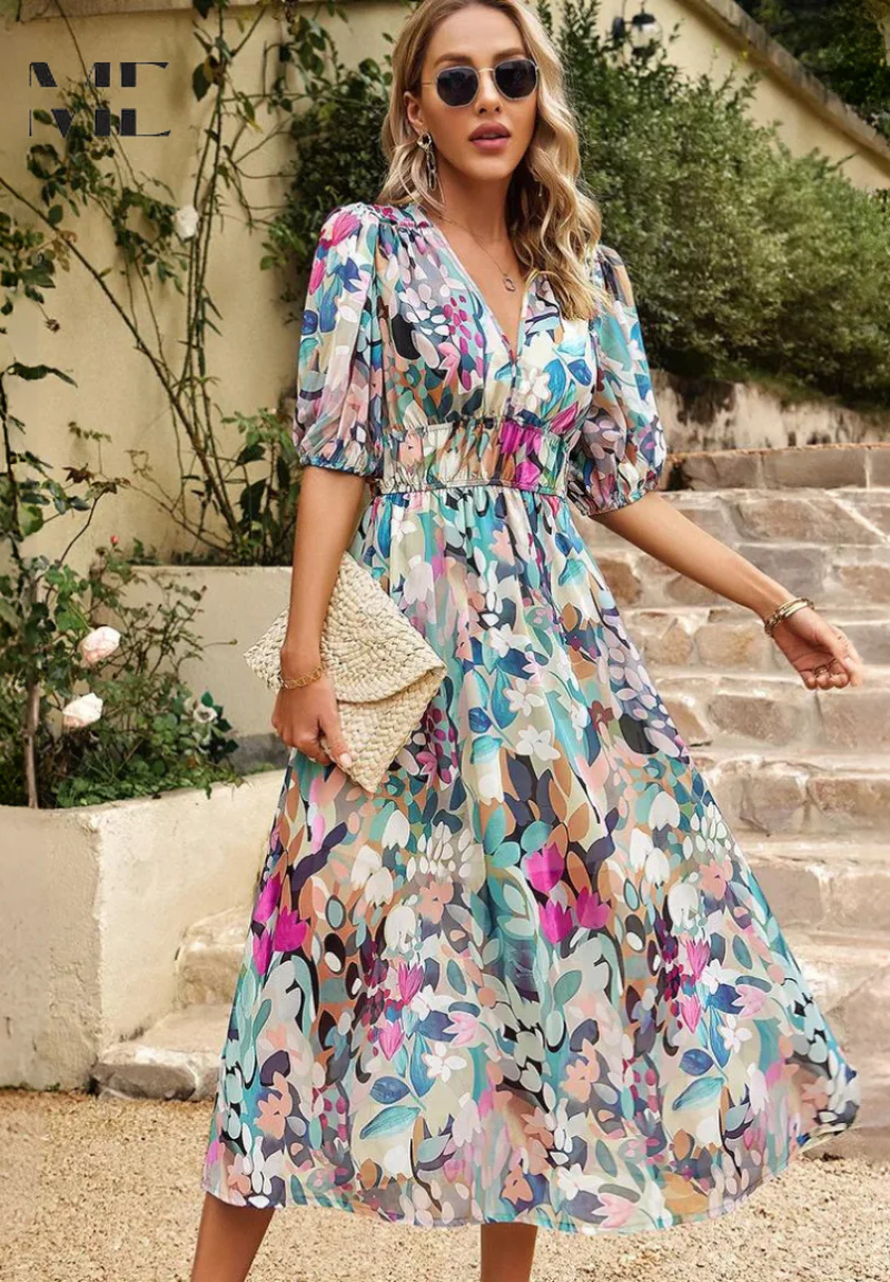 Robe midi fleurie élégante pour femme – Style bohème chic pour occasions et sorties décontractées - Image 4