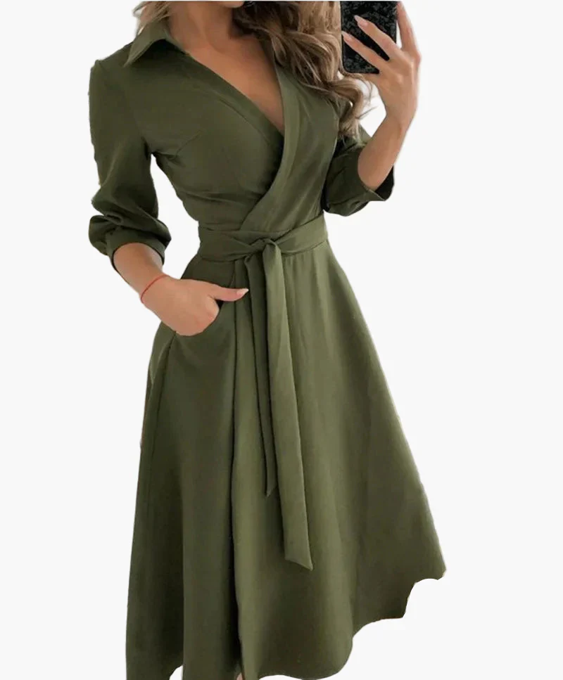 Robe portefeuille élégante femme style casual avec ceinture et col chemise - Idéale pour le quotidien ou les occasions spéciales - Image 5