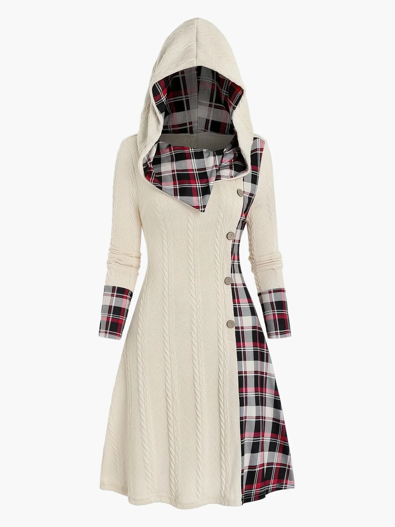 Robe pull à capuche femme style chic décontracté avec motif écossais pour automne hiver - Image 3