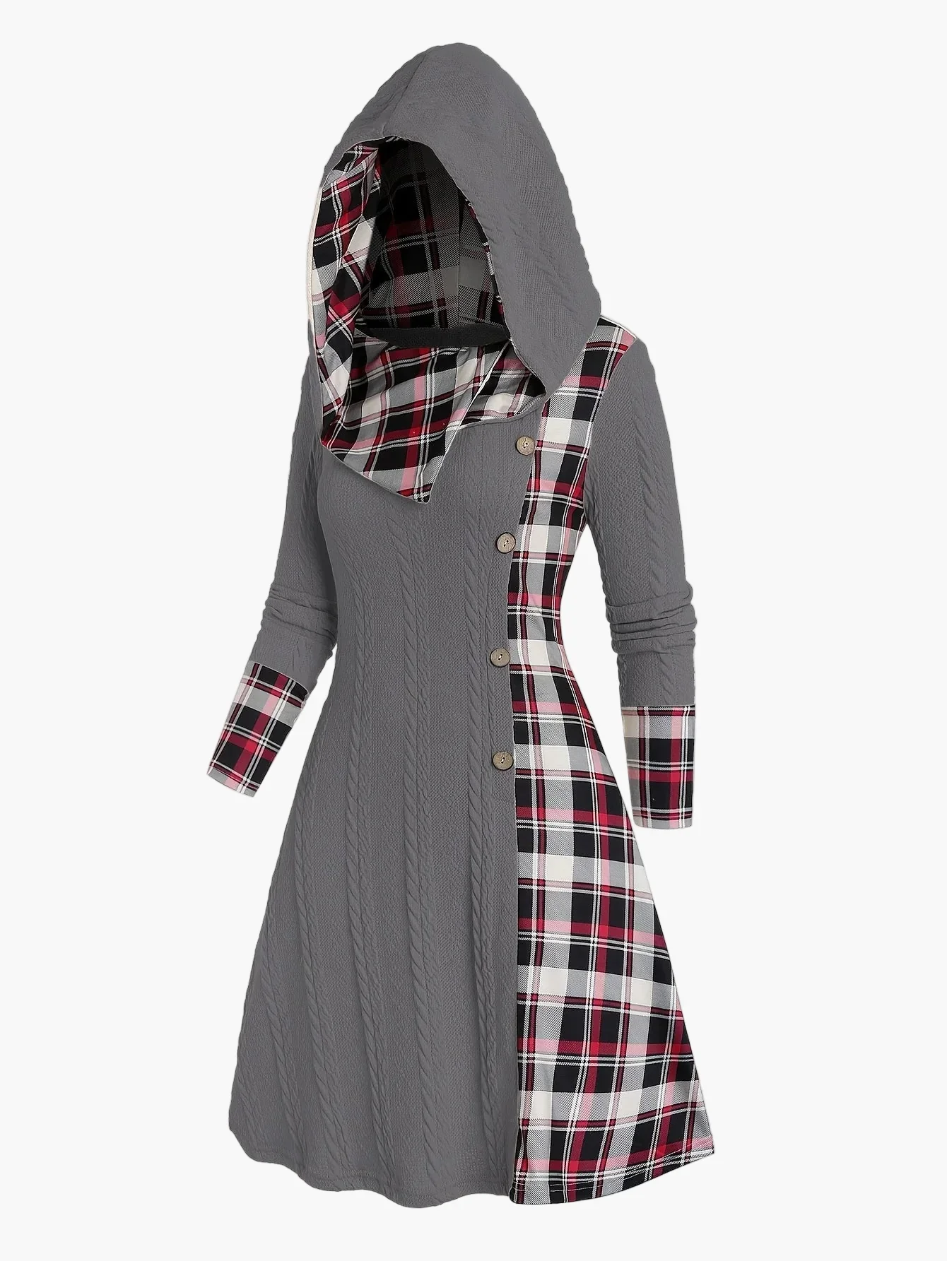 Robe pull à capuche femme style chic décontracté avec motif écossais pour automne hiver - Image 8