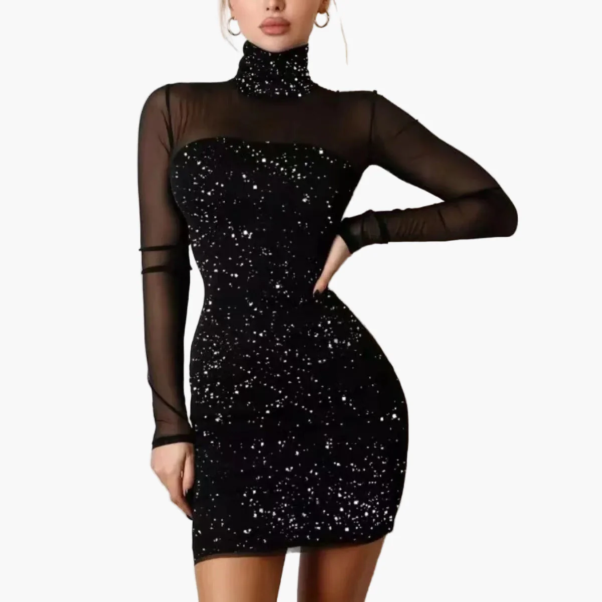 Robe de soirée élégante à col montant et manches longues pour femme, style chic et glamour - Image 2