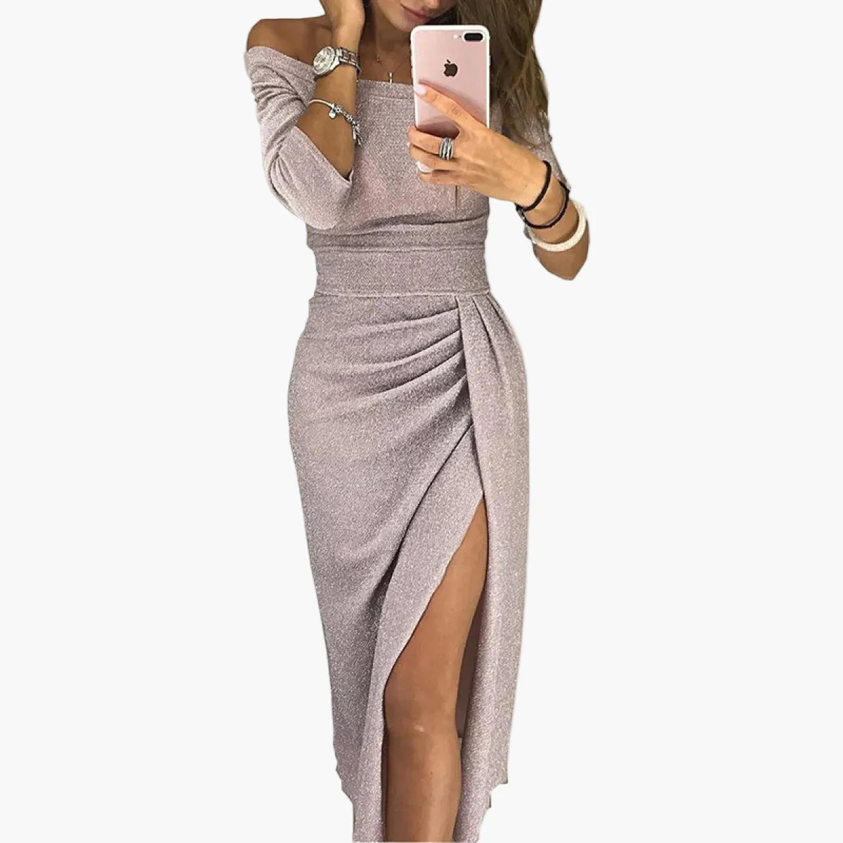 Robe de soirée femme élégante à épaules dénudées, fendue et plissée, style glamour pour occasions spéciales - Image 11