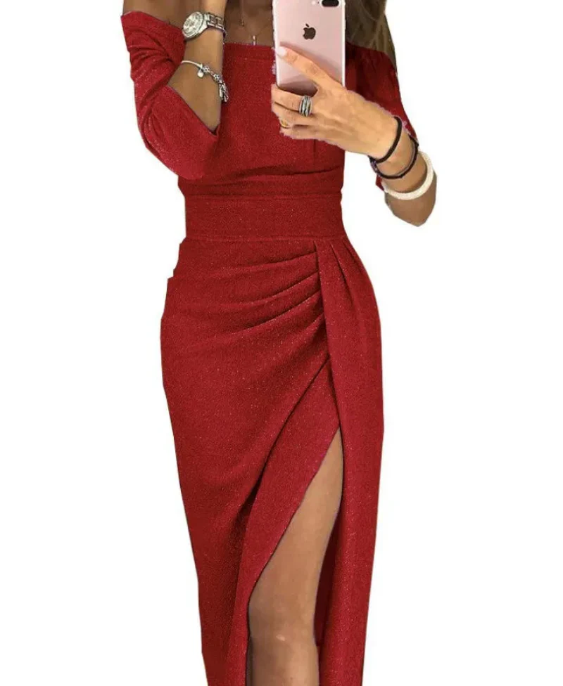 Robe de soirée femme élégante à épaules dénudées, fendue et plissée, style glamour pour occasions spéciales - Image 3