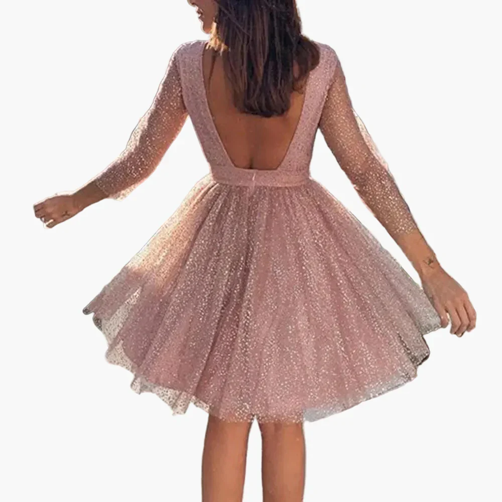 Robe de soirée femme élégante à paillettes manches longues transparente dos nu – Idéale pour cocktail et événements formels - Image 4