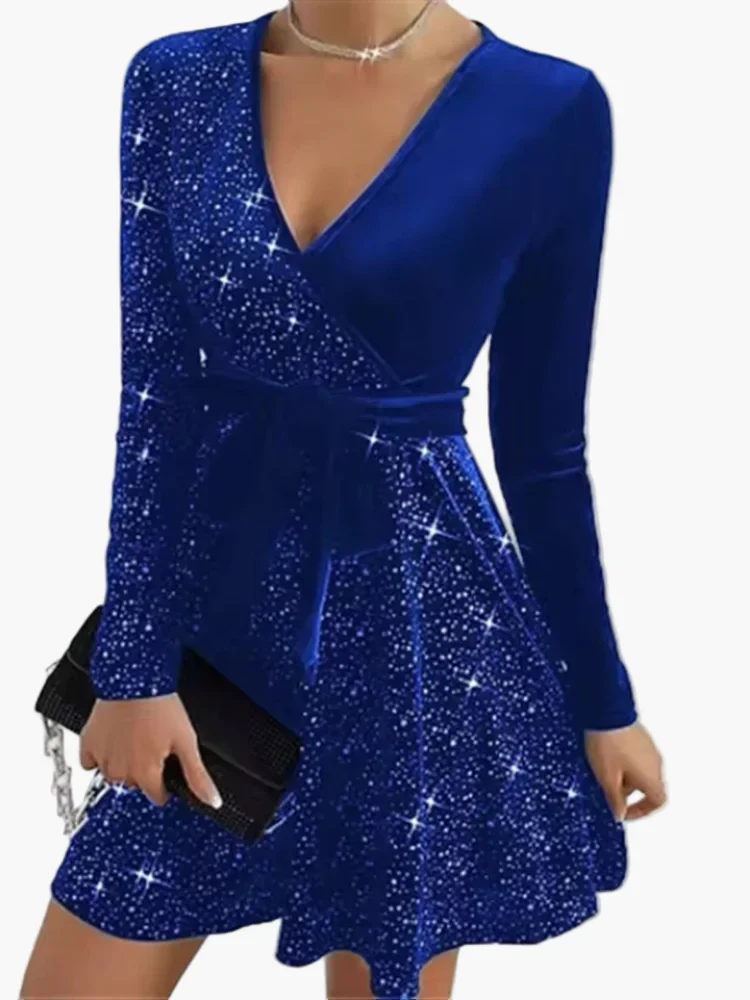 Robe de soirée femme élégante style patineuse à manches longues, effet pailleté, col cache-cœur, parfaite pour fêtes et événements - Image 2
