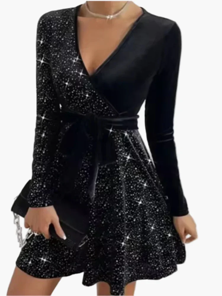 Robe de soirée femme élégante style patineuse à manches longues, effet pailleté, col cache-cœur, parfaite pour fêtes et événements - Image 3